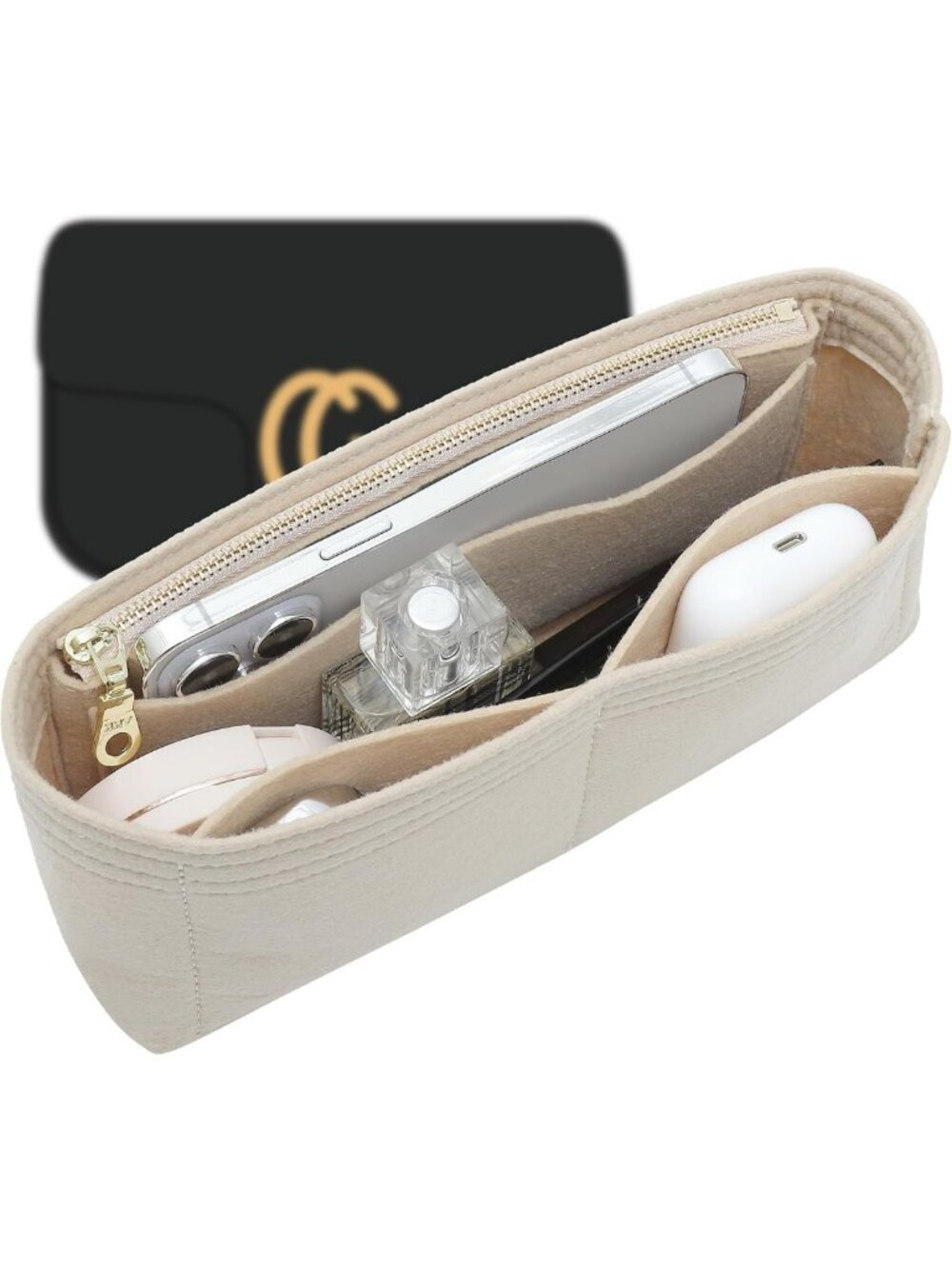 Beige Felt Mini Purse Organizer with Zipper - Ideal for Handbags & Shoulder Bags